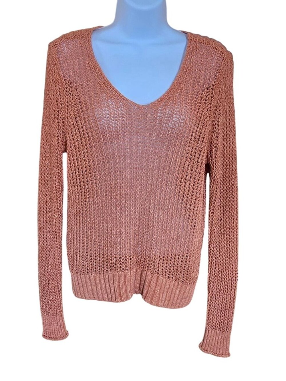 Open Knit V-Neck Sweater Copper Long Sleeve boho cottagecore nautical beach